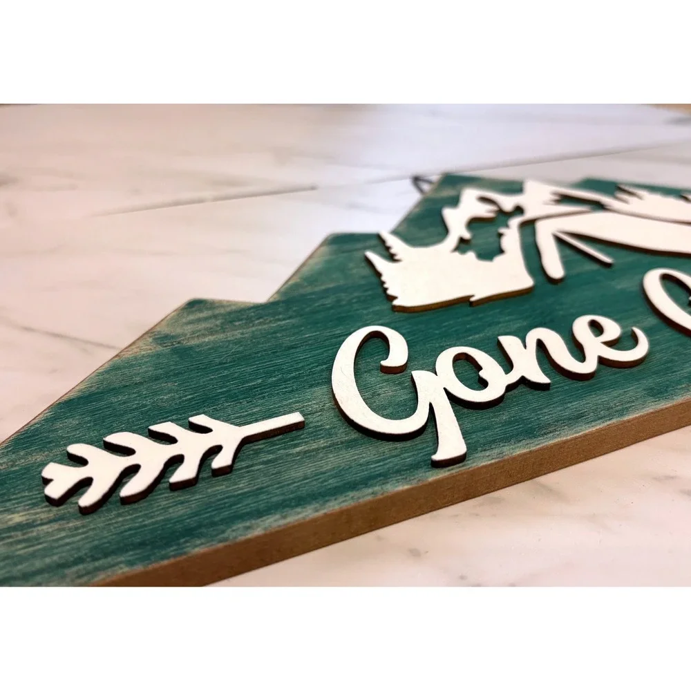 Gone Camping Sign Home Decor Green Mountain Shape Wood Plaque